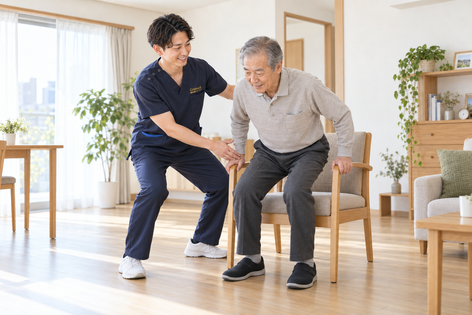 訪問リハビリで立ち上がり練習を行う様子